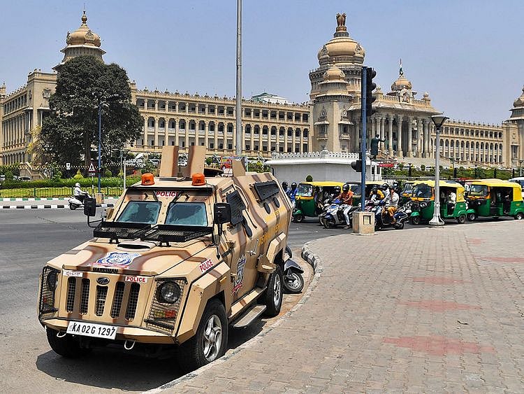 An armoured police vehicle parked outside the Karnataka Vidhana Soudha, Karnataka's legislative building, in Bangalore on March 15, 2022, after the court upheld a local ban on the hijab in classrooms, weeks after the edict stoked violent protests.