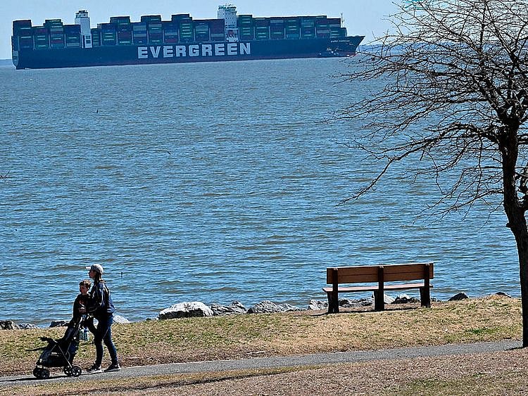 The container ship Ever Forward, which ran aground in the Chesapeake Bay off the coast near Pasadena. 