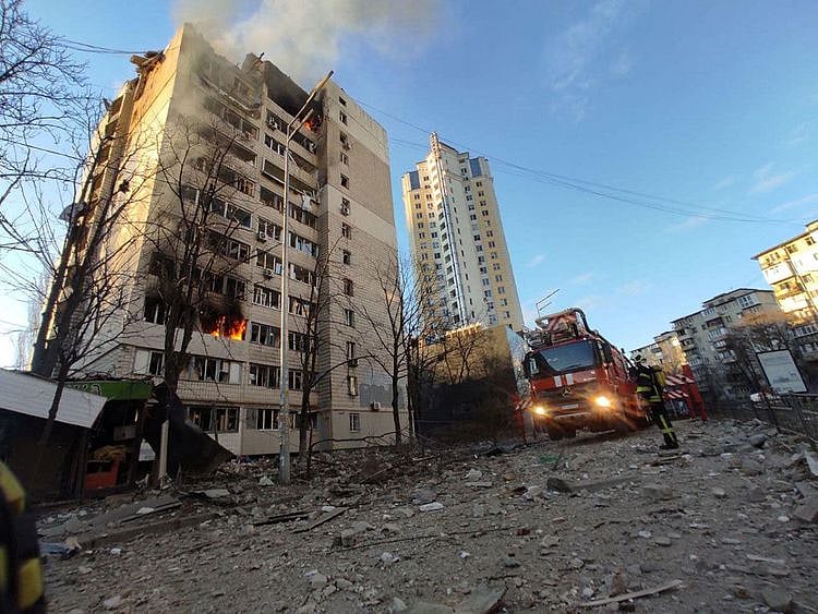 A view shows a residential building damaged by shelling, in Kyiv, Ukraine. 