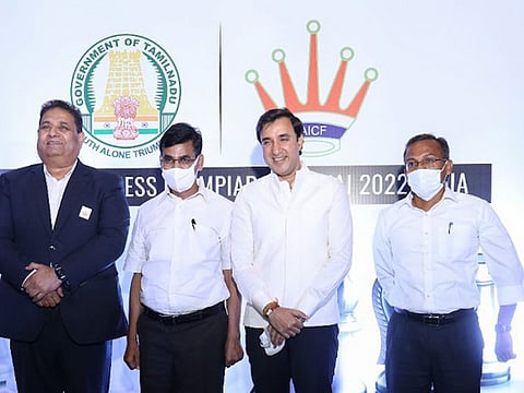 Bharat Singh Chauhan, Tournament Director, Dr Sanjay Kapoor, President of All India Chess Federation; Dr V. Irai Anbu, Chief Secretary to Tamil Nadu government and Dr. R. Anandakumar, Member Secretary, Sports Development Authority of Tamil Nadu at the joint press conference in Chennai.