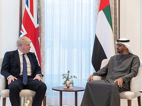 Sheikh Mohamed Bin Zayed meets with Boris Johnson in Abu Dhabi during on Wednesday