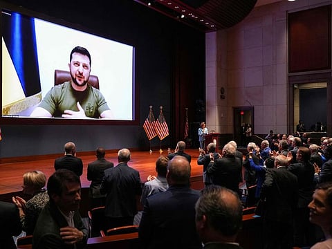 Ukrainian President Volodymyr Zelensky virtually addresses the US Congress on March 16, 2022, at the US Capitol Visitor Center Congressional Auditorium, in Washington, DC. 