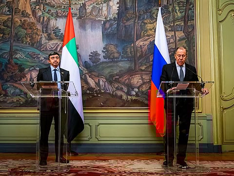 Sheikh Abdullah bin Zayed Al Nahyan, Minister of Foreign Affairs and International Cooperation with Sergey Lavrov, Minister of Foreign Affairs of the Russian Federation, in Moscow