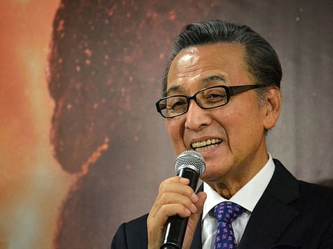 This file picture taken on June 5, 2014 shows Japanese actor Akira Takarada during a press conference at Toho Studios in Tokyo as part of of project to mark the 60th anniversary of the 1954 film "Godzilla".