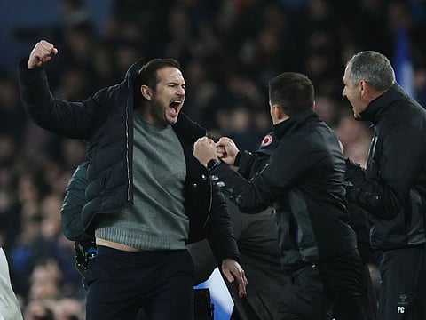 Everton manager Frank Lampard celebrates after the match.