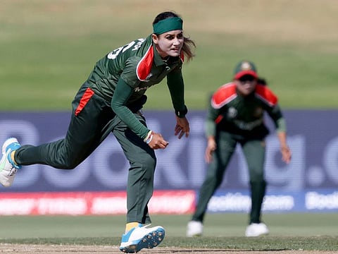 Bangladeshs Jahanara Alam bowls during the 2022 Women's Cricket World Cup match between the West Indies and Bangladesh at Bay Oval in Tauranga.