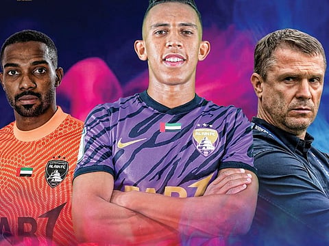 Al Ain midfielder Soufiane Rahimi (centre) won Best Player, coach Sergei Rebrov (right) picked up the Best Coach award and Khalid Eisa claimed the Best Goalkeeper award.