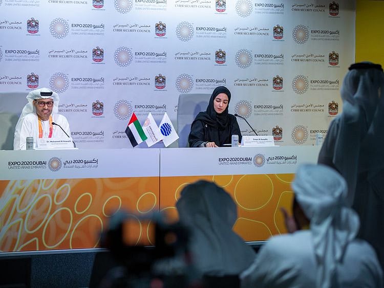 (L-to-R)-Dr-Mohammed-Al-Kuwaiti,-President-of-the-UAE-Cybersecurity-Council-and-Eman-Al-Awadhi,-Deputy-Director-of-Cyber-Security-and-Resilience-at-Expo-2020-Dubai-1647693469222