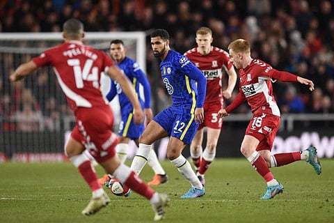 Chelsea's midfielder Ruben Loftus-Cheek (centre) in action during the English FA cup quarter-final match against Middlesbrough at the Riverside Stadium in Middlesbrough, north-east England.