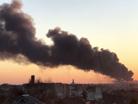  A cloud of smoke raises after an explosion in Lviv, western Ukraine (File)