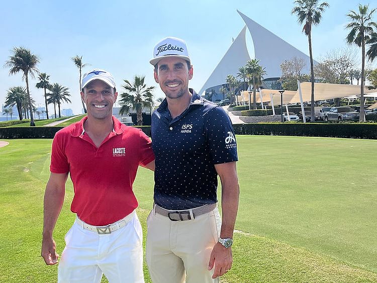 Ahmed Al Musharrekh with Dubai resident and DP World Tour player Rafa Cabrera Bello 