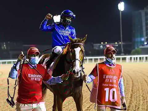 Mystic Guide, ridden by jockey Luis Saez and trained by Michael Stidham, won the 25th Dubai World Cup at Meydan on March 27, 2021. 