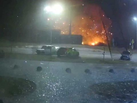 Fire burns after a blast hits a shopping centre in Kyiv, Ukraine, in this still image obtained from a handout video released on March 20, 2022. 