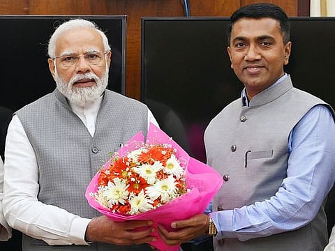 Goa caretaker Chief Minister Pramod Sawant meets Prime Minister Narendra Modi, in New Delhi on Wednesday. 