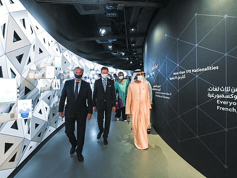 Sheikh Mohammed bin Rashid Al Maktoum (R) at Luxembourg Pavilion at Expo 2020 Dubai