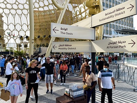 Visitors near Al Wasl dome in the heart of Expo 2020 Dubai