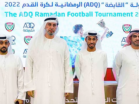 Anas Jawdat Albarguthi, Chief Operating Officer at ADQ (second left) and Mohammed Abdullah Hazam Al Dhaheri, Secretary General, UAE Football Association (third left) are flanked by other officials at the press conference on Tuesday.