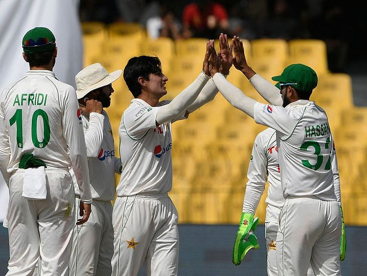 Pakistan's Naseem Shah after bowling out Australia's Nathan Lyon 