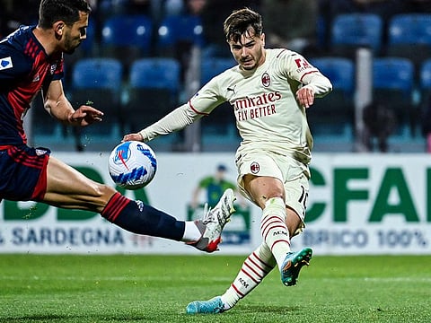 Star man... AC Milan's Spanish midfielder Brahim Diaz (right) challenges Cagliari's Italian defender Edoardo Goldaniga during the Italian Serie A match at the Sardegna Arena in Cagliari.