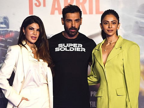 Bollywood Actors Jacqueline Fernandez, John Abraham and Rakul Preet Singh during the trailer launch of the upcoming movie 'Attack' in Mumbai on March 22.