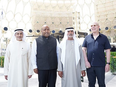 Sheikh Nahayan with Khalid Al Zarooni, Vice Chairman of ECB, Avram Glazer (extreme right) and Kiran Kumar Grandhi during their visit of Expo 2020.