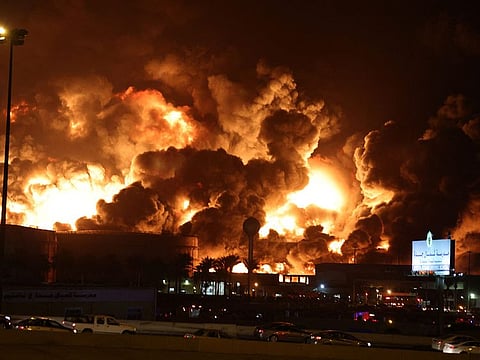 The raging fire at Saudi Aramco's petroleum storage facility after an attack in Jeddah on March 25, 2022. 