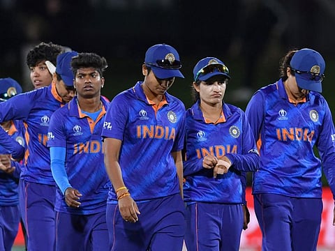 Team India walk off the field after their loss during the Women's Cricket World Cup match against South Africa at Hagley Oval in Christchurch.