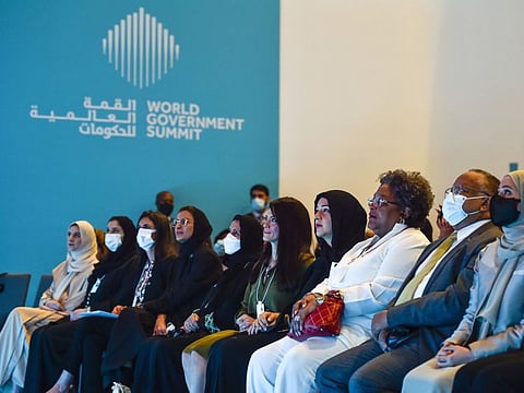Reem Al Hashimi, UAE Minister of State for International Cooperation and Mia Mottley, Prime Minister Barbados, along with other delegates during the panel discussion at the World Government Summit at Expo 2020 Dubai.on ‘Women in Government: Shaping a Better Future for the World’ at the Day 0 of Government Summit at Dubai Exhibition Centre, Expo 2020, Dubai on Monday. 