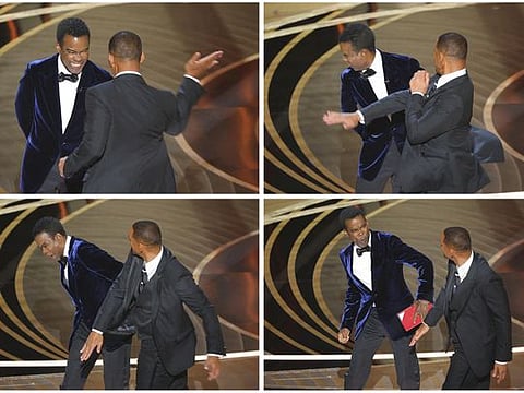 Combination picture showing Will Smith hitting Chris Rock during the 94th Academy Awards in Hollywood, Los Angeles, California, US, March 27, 2022.