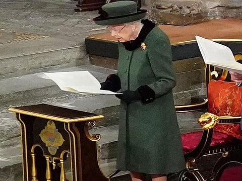  Queen Elizabeth II during a Service of Thanksgiving for the life of the Duke of Edinburgh, at Westminster Abbey in London on March 29, 2022..  