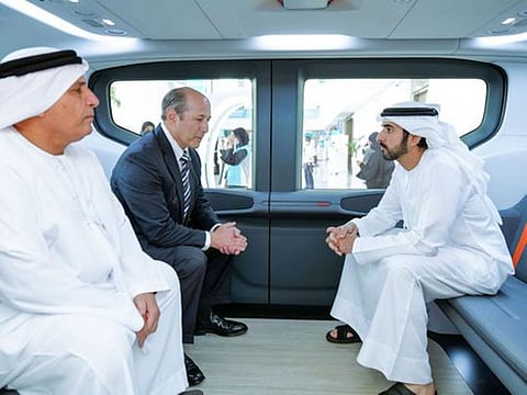 Sheikh Hamdan visits the display of a model of the Origin autonomous vehicle manufactured by Cruise Inc, United States, on the sidelines of the World Government Summit 2022 at Expo 2020 Dubai.