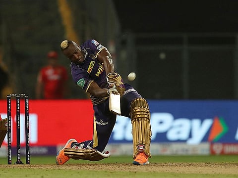 Andre Russell of the Kolkata Knight Riders clouts one of his 8 sixes against the Punjab Kings at the Wankhede Stadium in Mumbai on April 1, 2022