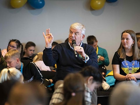 The Hague's mayor Jan van Zanen talks with Ukrainian refugee children and Dutch children during the Children's Question Day Ukraine at Madurodam in The Hague.