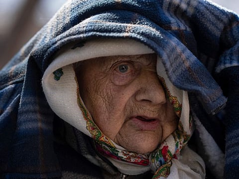 Sofia Boiko, 90 years old, arrives at the Ukrainian Red Cross centre in Mykolaiv, southern Ukraine.