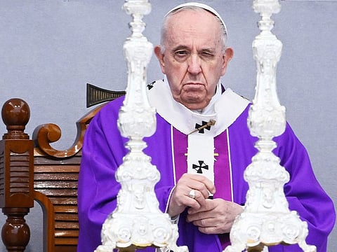 Pope Francis celebrates mass on April 03, 2022 outside the St. Publius parish church at Piazzale dei Granai in Floriana, Valletta, Malta, on the second and last day of the Pope's trip to the Mediterranean archipelago.  