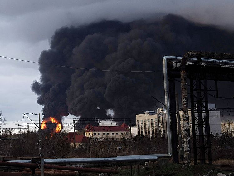 Smoke rises in the air after shelling in Odessa, Ukraine