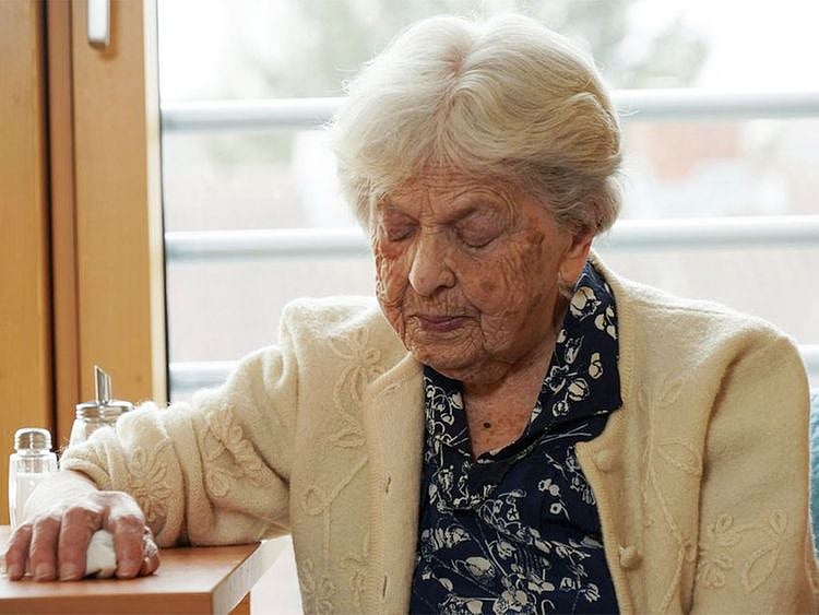 Holocaust survivor Raisa Valiushkevych, 98, who has recently escaped Russian bombing of her hometown Kyiv, in Frankfurt, Germany. 