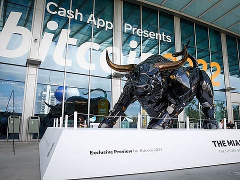 The Miami Bull, an 11-foot, 3,000-pound statue, outside the Miami Beach Convention Center during the Bitcoin 2022 conference in Miami, Florida.
