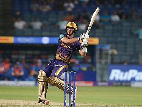 Pat Cummins hits one of his six during his record-equalling knock against Mumbai Indians.
