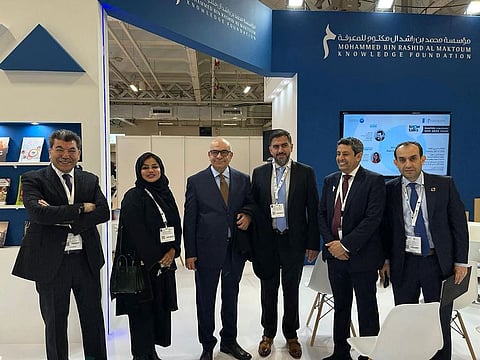 From right: Dr. Hany Torky, Chief Technical Advisor, UNDP Knowledge Project, Hussain Al Shamsi, Director of Events & Exhibitions, MBRF, Mustafa Al Zarooni, Editor-in-chief, Alroeya, Abdul Hamid Ahmed, CEO and Editor-in-chief, Gulf News, Mona Abu Samra, Editor-in-chief, Al Bayan and Hussein Darwish, Head of Culture Department, Al Bayan, at the London Book Fair.