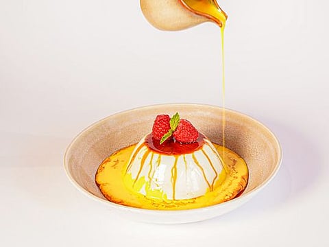 Gluten-free panna cara with saffron sauce 