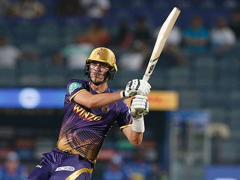 Pat Cummins of the Kolkata Knight Riders plays a shot against the Mumbai Indians in the Tata Indian Premier League 2022 game at the MCA International Stadium in Pune on April 6, 2022. 