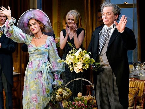 Sarah Jessica Parker and Matthew Broderick appear at the curtain call following the opening night performance of Neil Simon's "Plaza Suite" on Broadway at the Hudson Theatre on Monday, March 28, 2022.