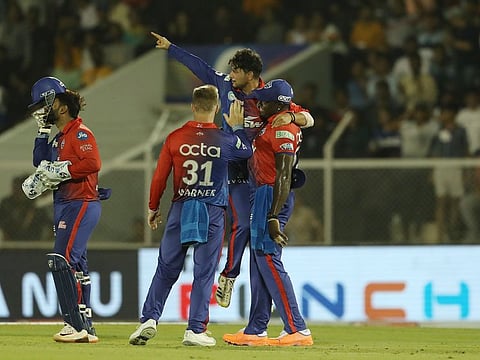 An animated Kuldeep Yadav of Delhi Capitals, who played a key role in their win over his former team Kolkata Knight Riders, gives a send-off to one of his victims.