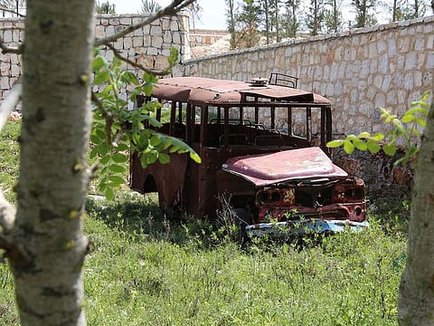The bus that was attacked on April 13, 1975. The shell of the 62-year-old Dodge vehicle is parked in a farm in the town of Choukine in Al Nabatiya, South Lebanon.