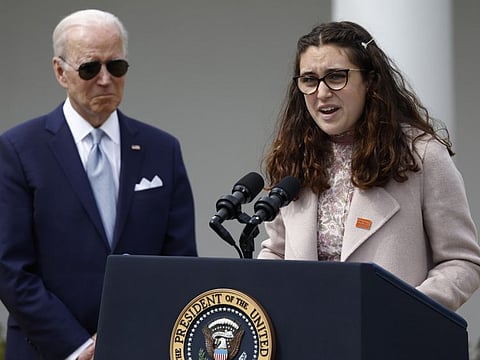Mia Tretta, a victim of gun violence, speaks in the Rose Garden of the White House in Washington, D.C., on April 11, 2022.  