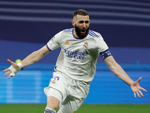 Real Madrid's Karim Benzema celebrates scoring their second goal.