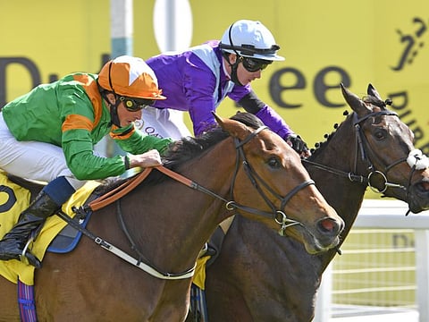 Alcohol Free, ridden by Oisin Murphy, wins last year's Dubai Duty Free Stakes at Newbury Racecourse.