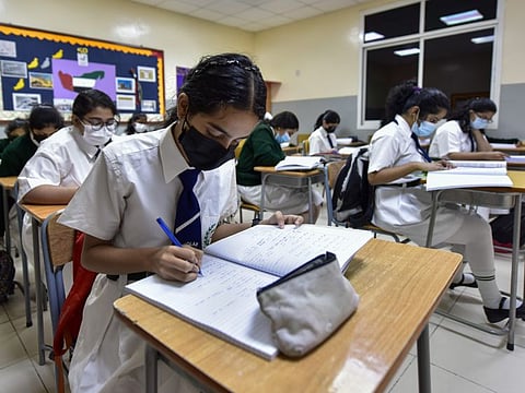 Students at Delhi Private School, Sharjah, after the end of spring break last week
