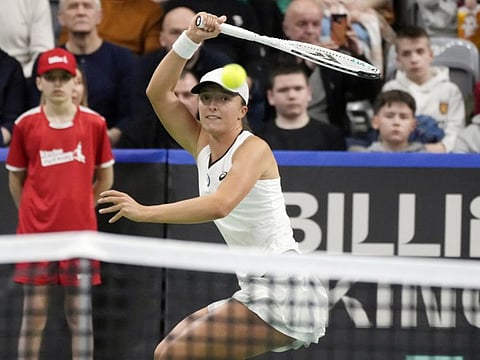 Jga Swiatek of Poland in action against Mihaela Buzarnescu of Romania during the singles match of the qualifying round of the Billie Jean King Cup in Radom, Poland.
